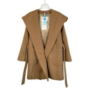 MaxMara Camel Brown Hooded Wool Belted Coat Made In Italy Womens Size 34